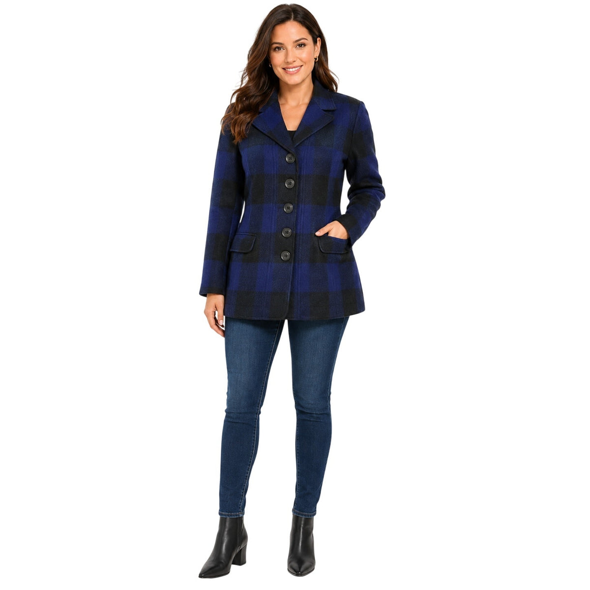 Tribal Women's 4 Blue Plaid Wool Blend Blazer Jacket Button Front Medium