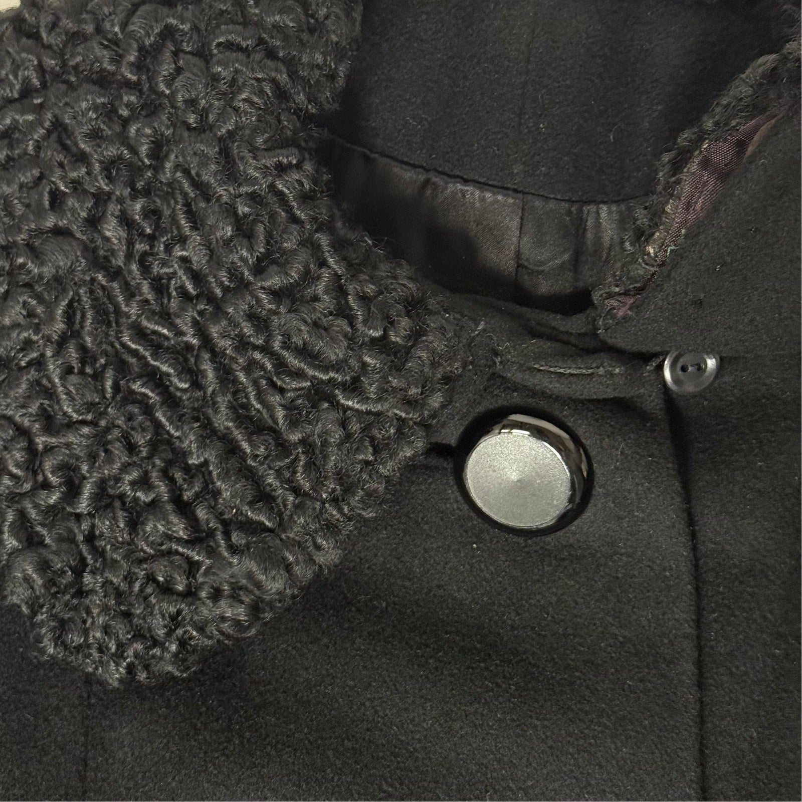 Vintage 1960s Black Cashmere Trench Coat Women's Medium Persian Lamb Collar