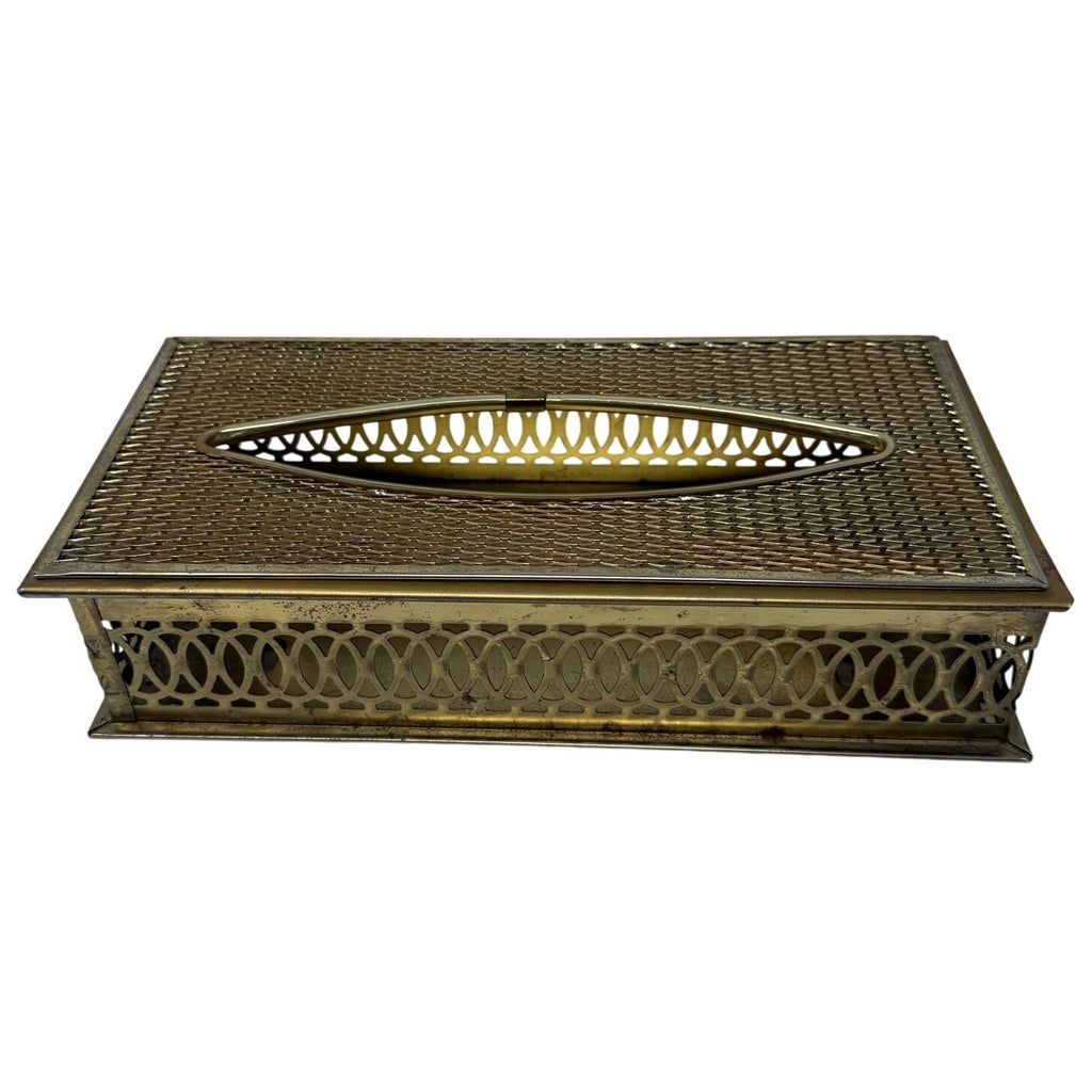 Vintage 70s Tissue Box Cover Holder 10.75” Wall Mount Gold Metal Retro MCM