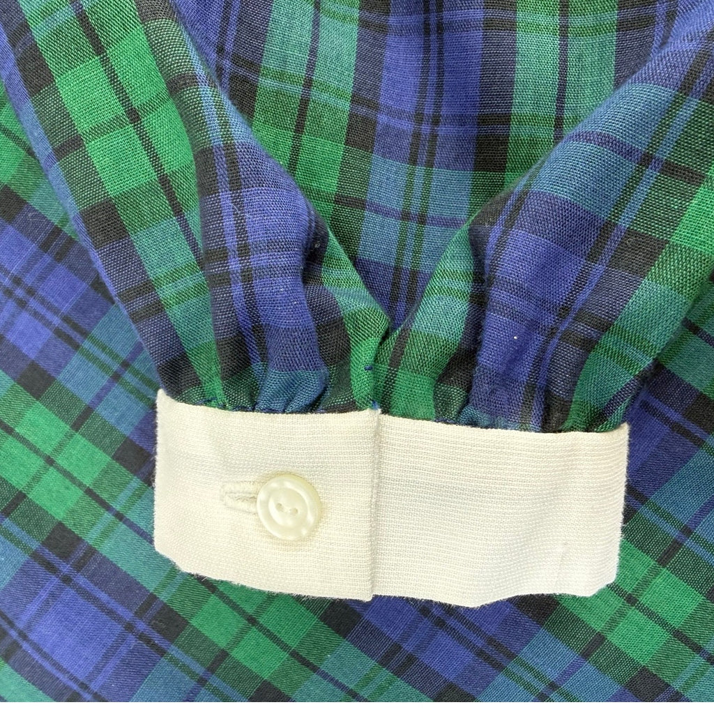 Vintage 70s Home Sewn Plaid Midi Dress Navy Green Cotton Pockets Women's Large