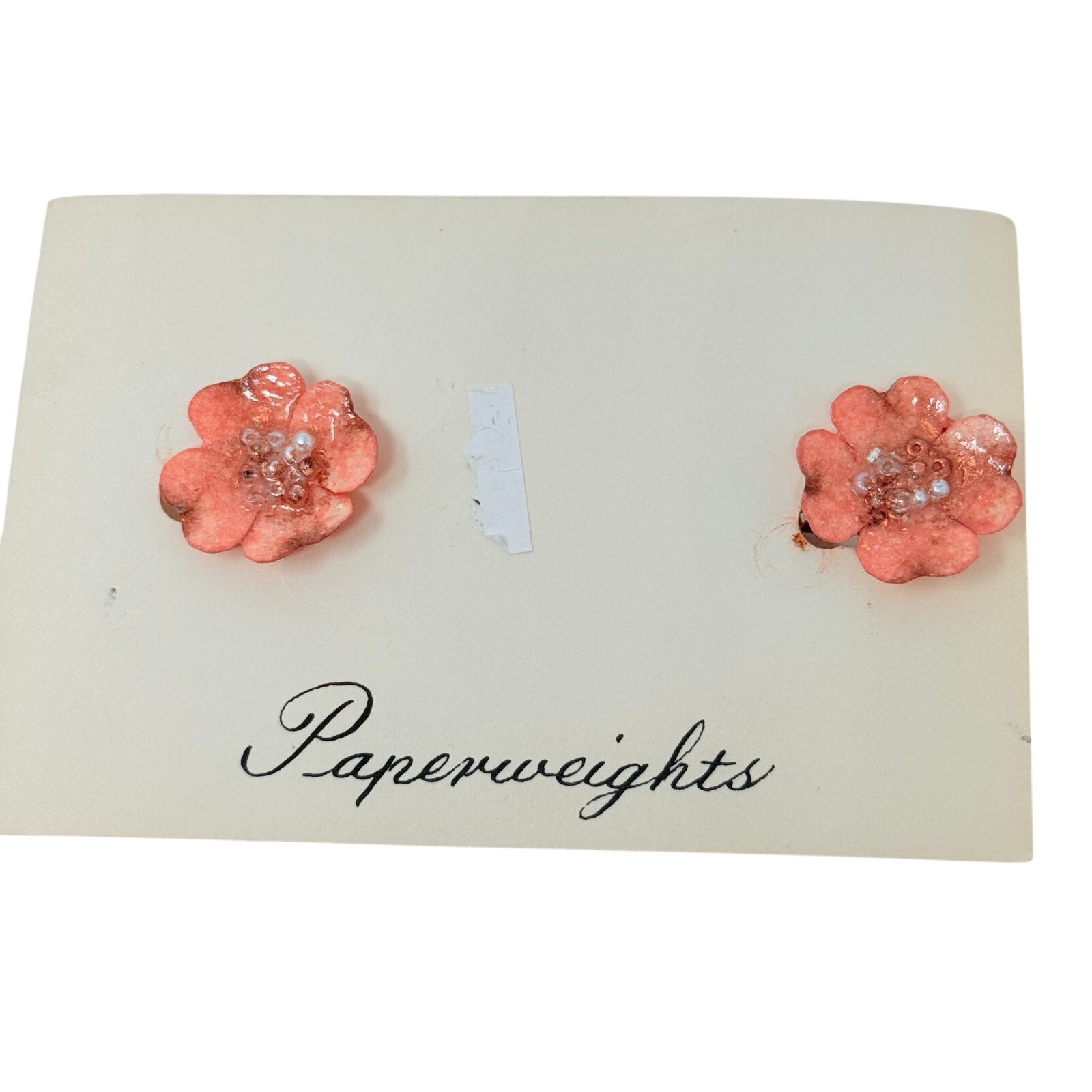 Vintage 1960s Pink Flower Clip On Earrings Pearl Center Handmade