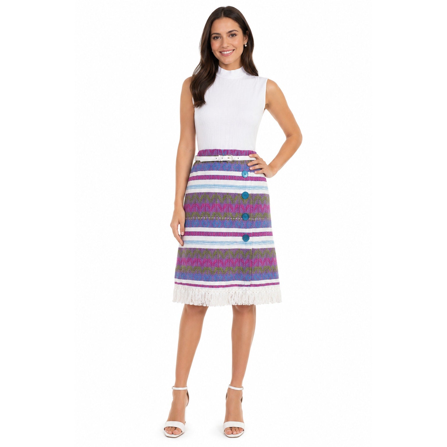 Vintage 70s Forget Me Not White Knit Geometric Fringe Midi Dress Women Small