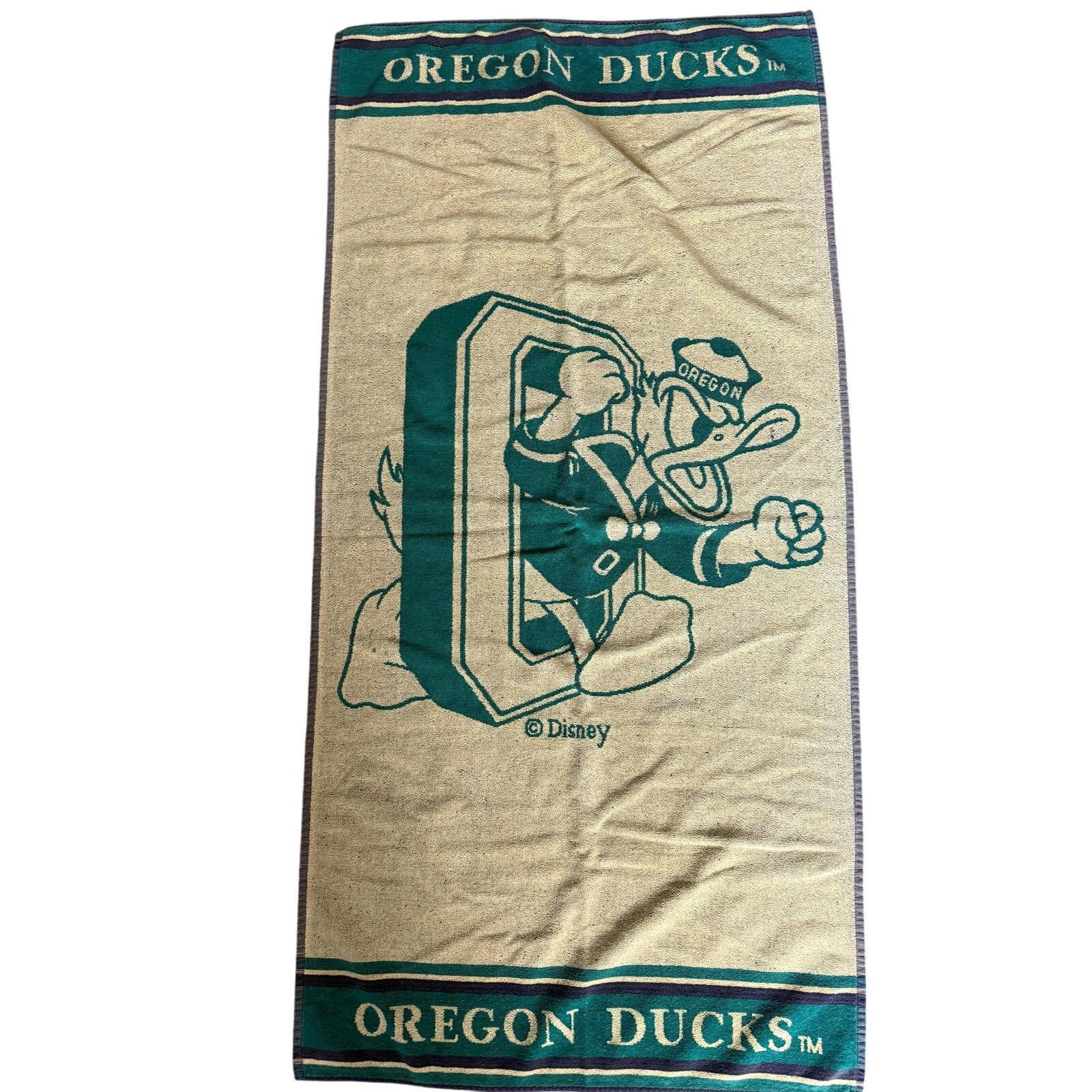 Vintage 90s Oregon Ducks Beach Towel Woven Cotton 57” Disney Puddles