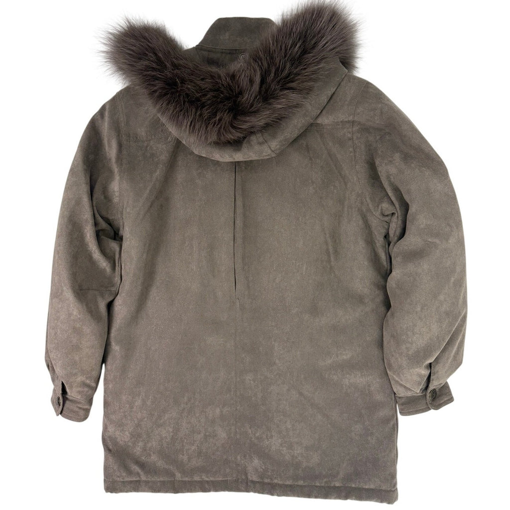 St John's Bay Faux Suede Hooded Jacket Fur Trim Women's Small Taupe Brown