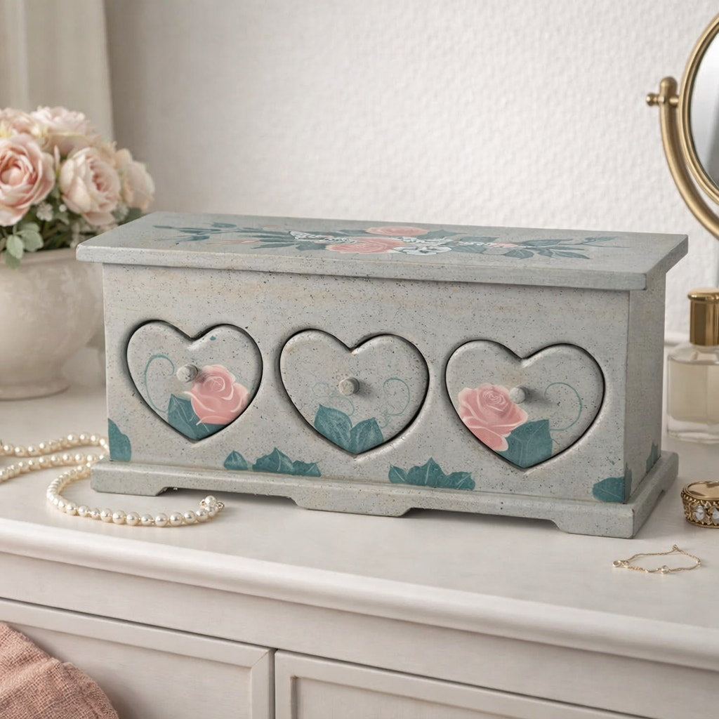 90s Painted Wood Jewelry Box Heart Drawers Roses Hummingbirds – Behind ...
