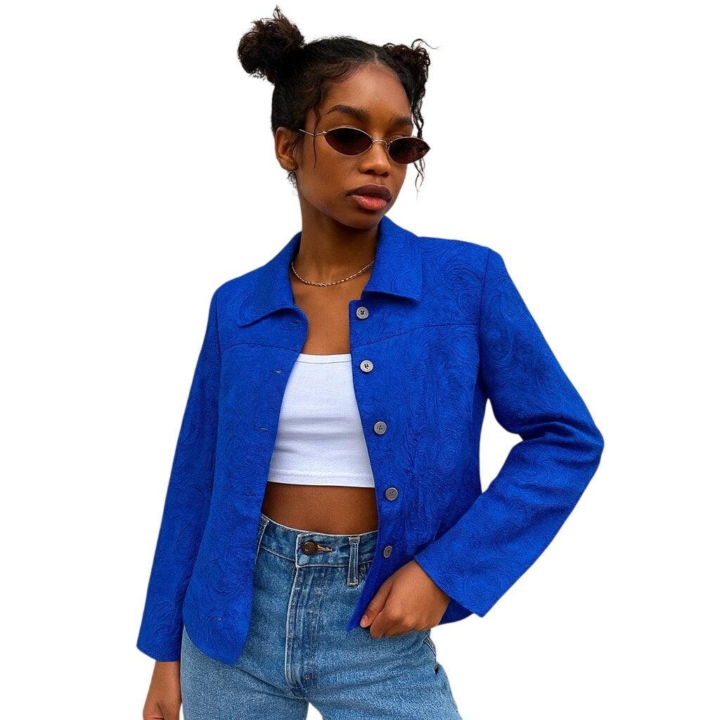 Vintage 90s Wear It Women's 2 Royal Blue Paisley Button Shirt Jacket USA