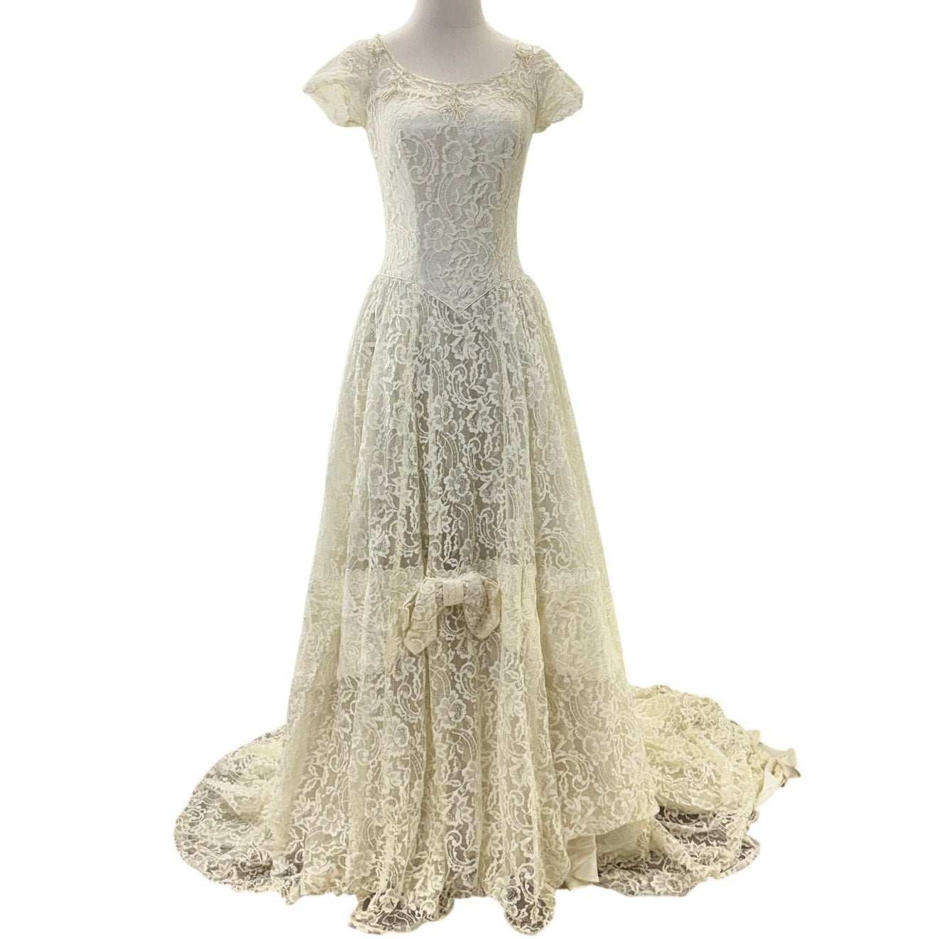 Vintage 1950s Lace Wedding Dress Train Off White Cap Sleeve Bridal Gown XS