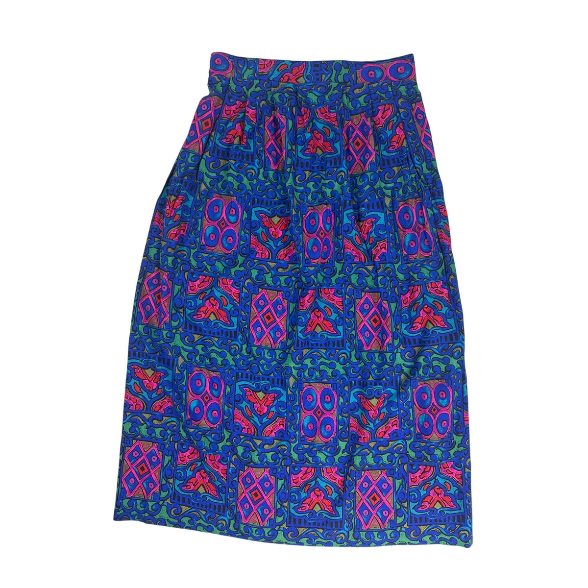 Vintage 80s Tofy Blue Pink Floral Rayon Midi Skirt Womens Size 6 USA