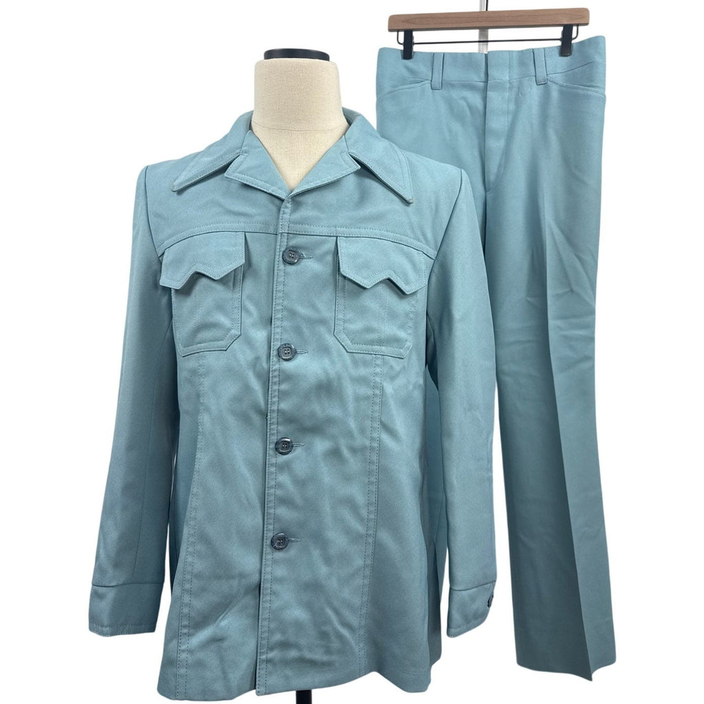 Vintage 70s John Pomer Sky Blue Polyester Leisure Suit Men’s 42 Jacket 33" Waist