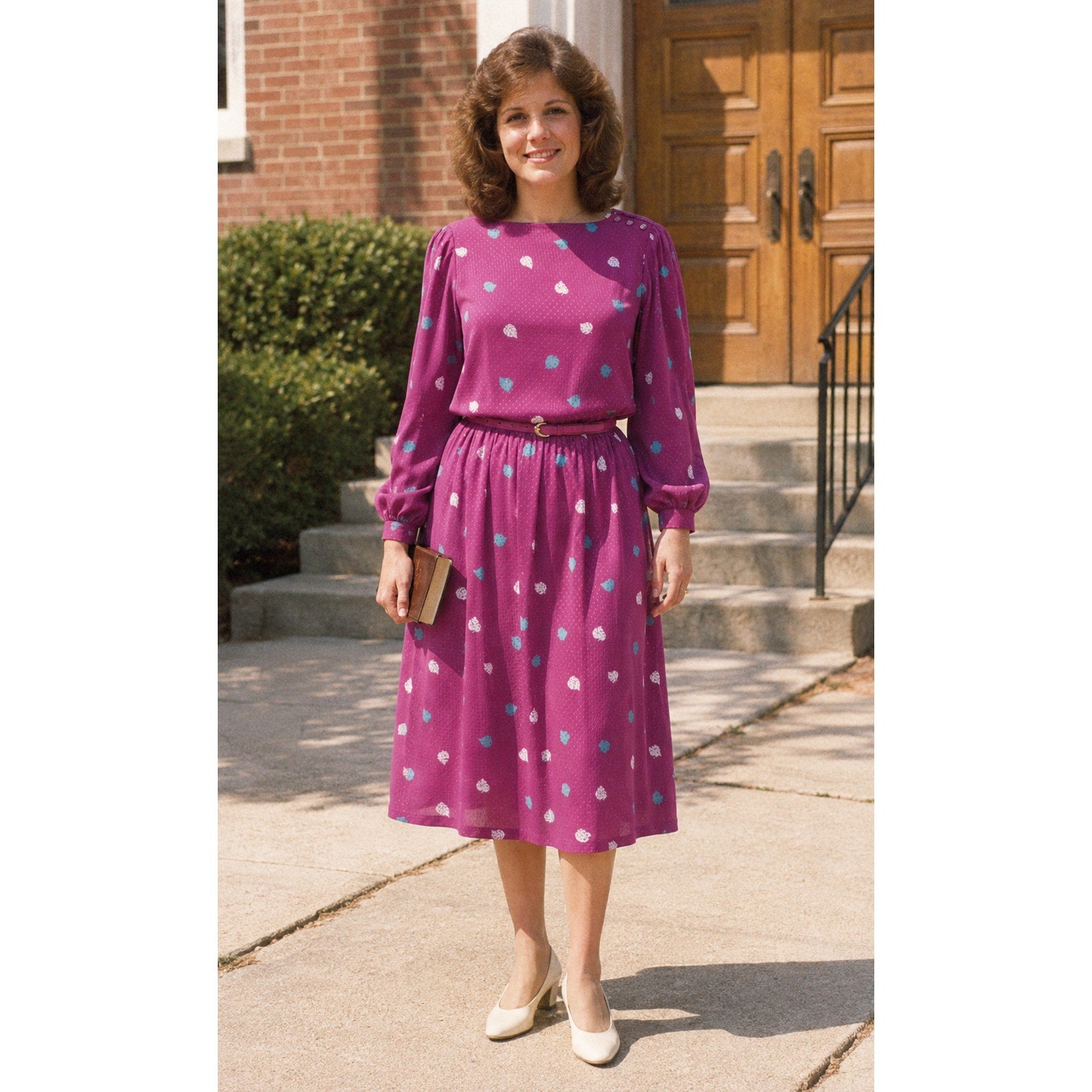 Vintage 1970s Purple Floral Midi Dress Handmade Belted Long Sleeve Woman Medium
