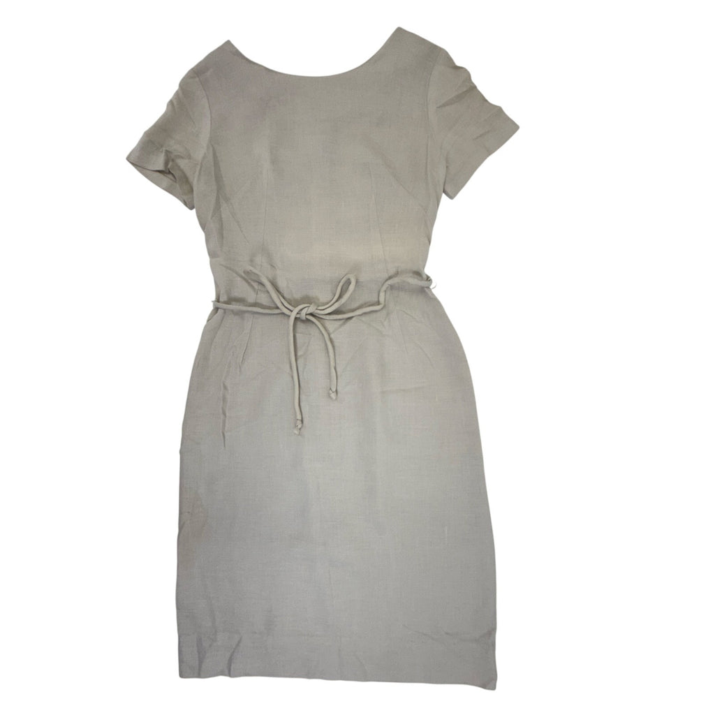 Vintage 1960s Odette Linen Blend Sheath Dress Beige Belted Women's XS