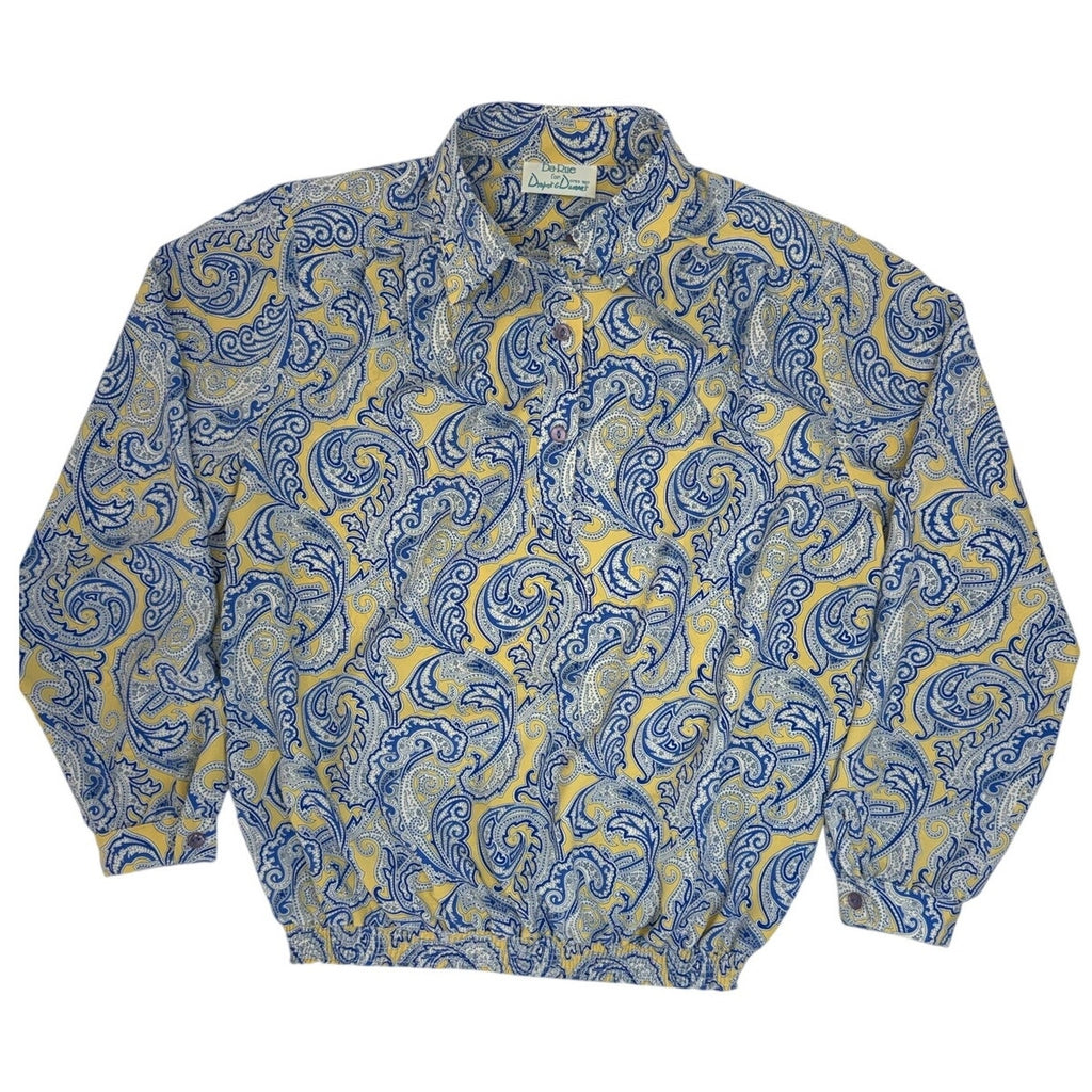 Vintage 80s Paisley Blouse USA Medium Blue Yellow Elastic Hem Draper's & Damon's
