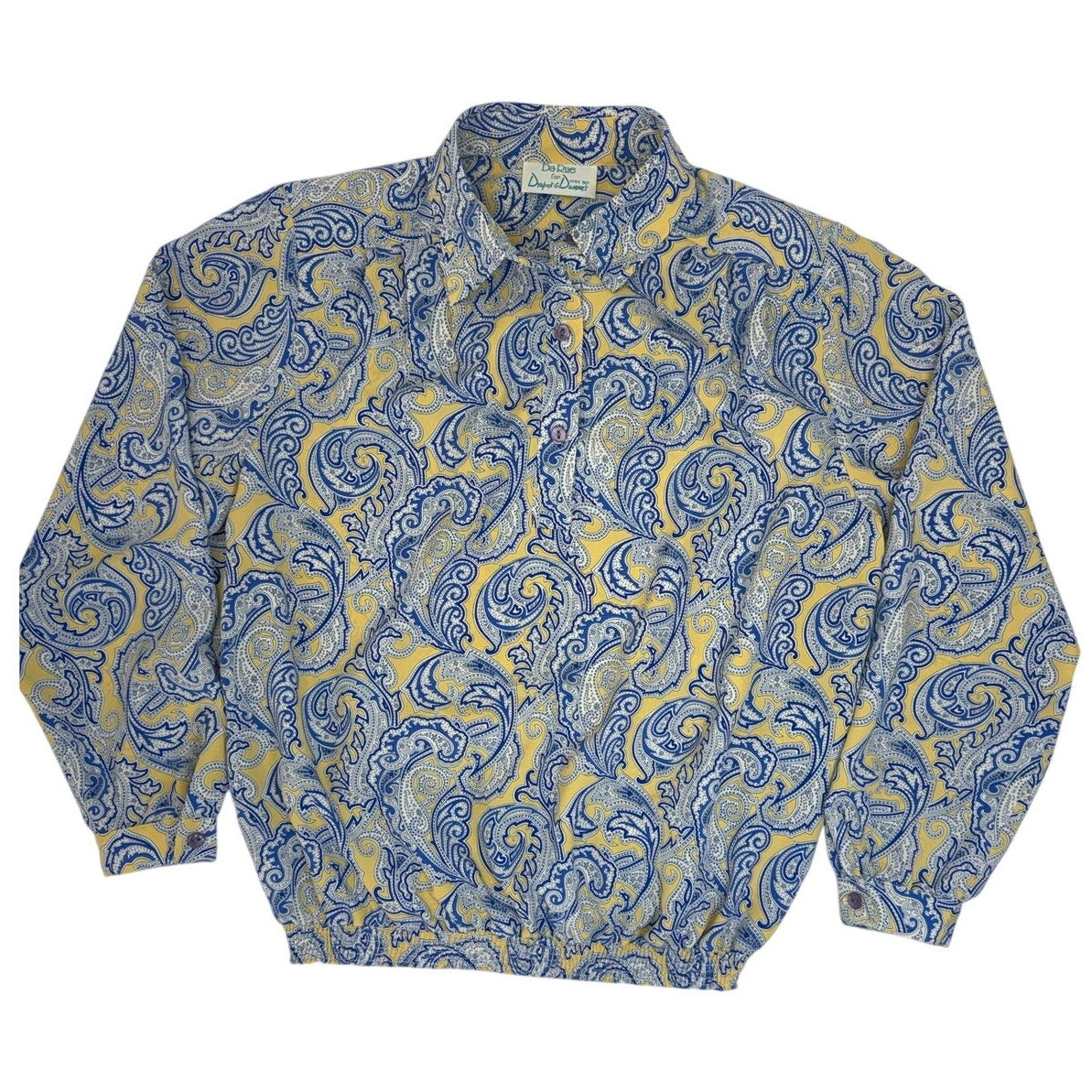 Vintage 80s Paisley Blouse USA Medium Blue Yellow Elastic Hem Draper's & Damon's