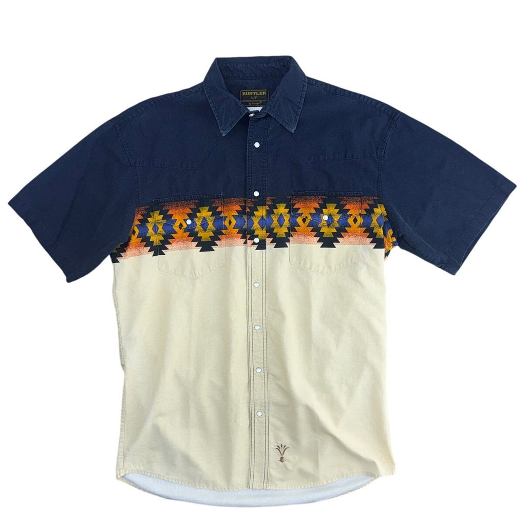 Vintage 90s Wrangler Rustler Western Aztec Snap Shirt Mens LT Cotton Blend
