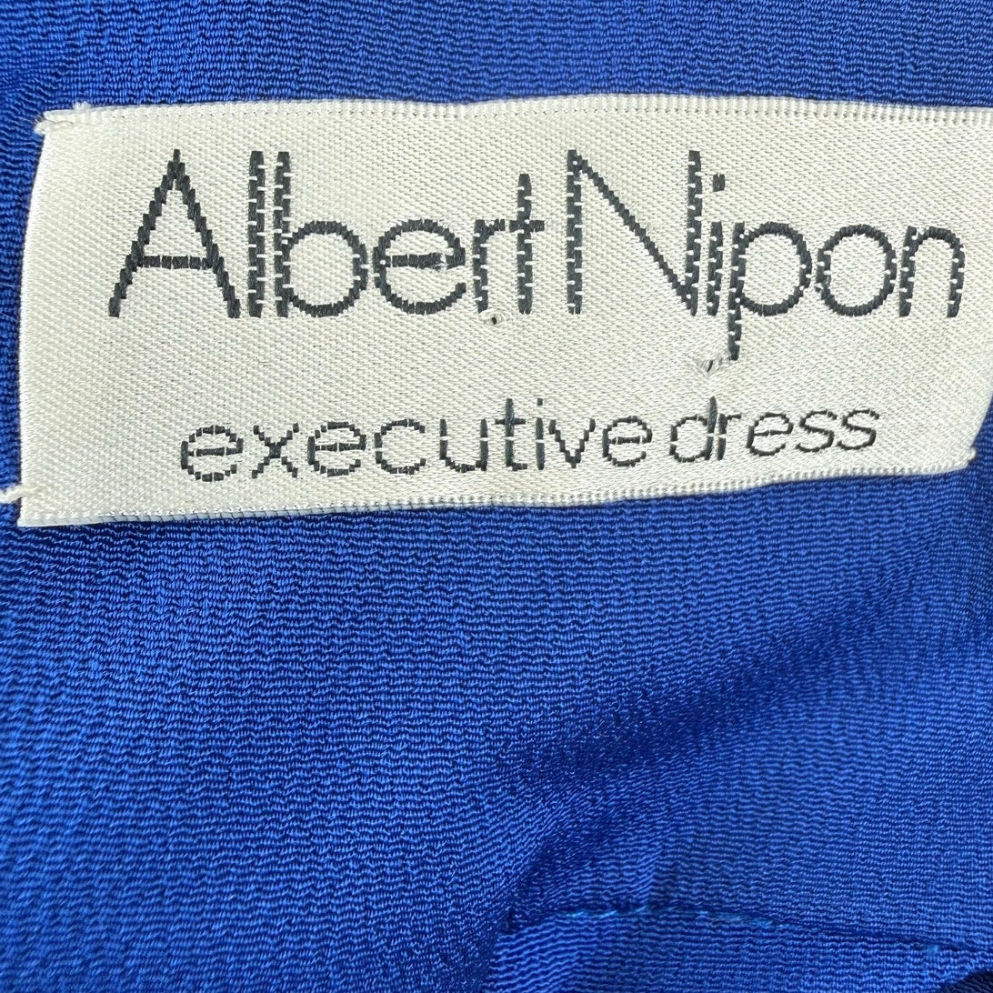 Vintage 80s Albert Nipon Royal Blue Rayon Crepe Belted Midi Dress Women's 14