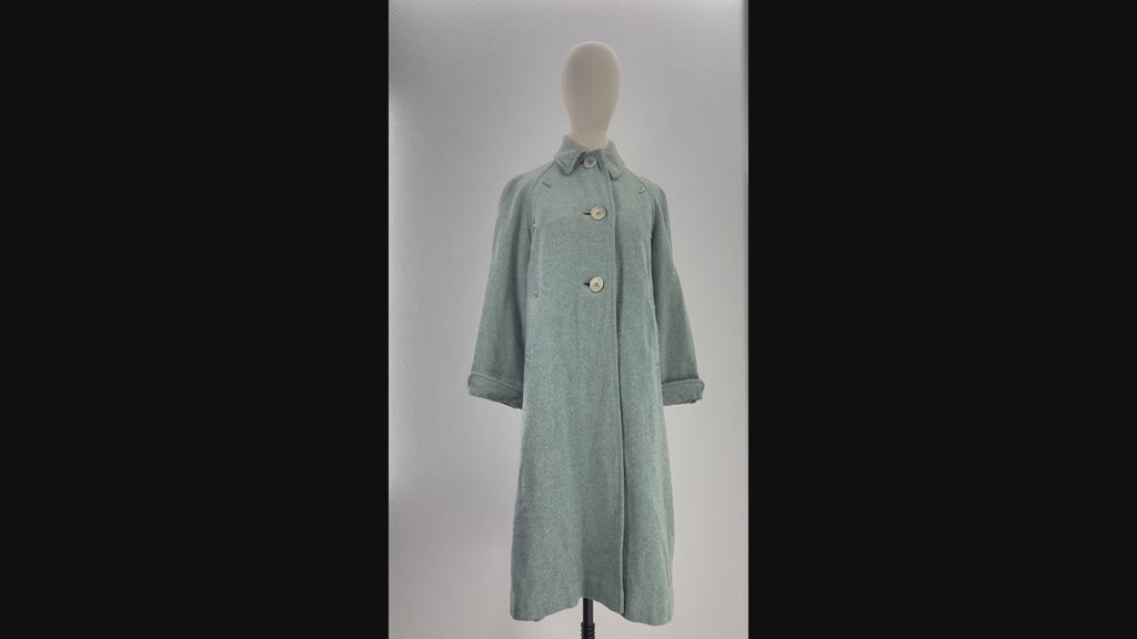 Vintage 1950s Women's Medium Aqua Green Gray Tweed Wool Coat A-Line 40 Bust